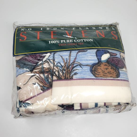 Stevens & Co 1970s "Ducks" Flannel Twin Size Complete Sheet Set Vintage NIP - Picture 4 of 9